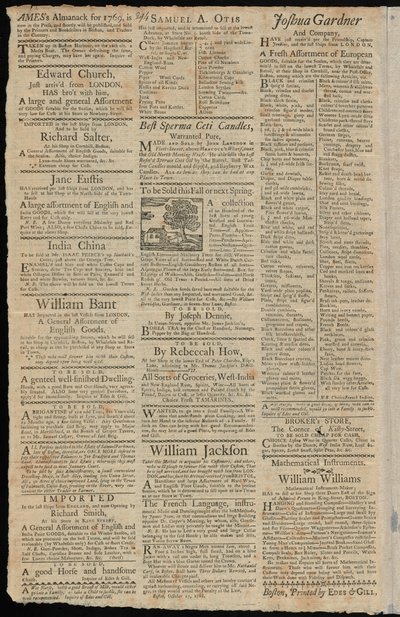 Bostoner Anzeigen für Waren, die Einfuhrzöllen und Handelsbeschränkungen unterliegen, aus der Boston Gazette und Country Journal, 7. November 1768 von American School